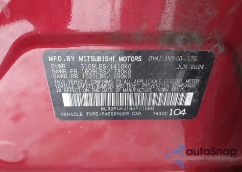 2024 Mitsubishi Mirage G4 Black Edition/Es/Le z USA, uszkodzony, nr VIN ML32FUFJ1RHF11560